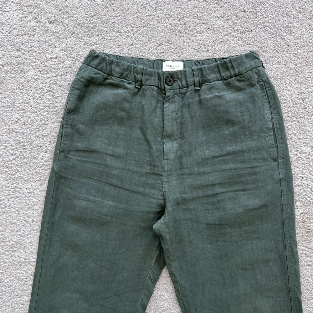 Octobre Editions Pants Mens M Green Linen Chino Elastic Waist Casual Tapered